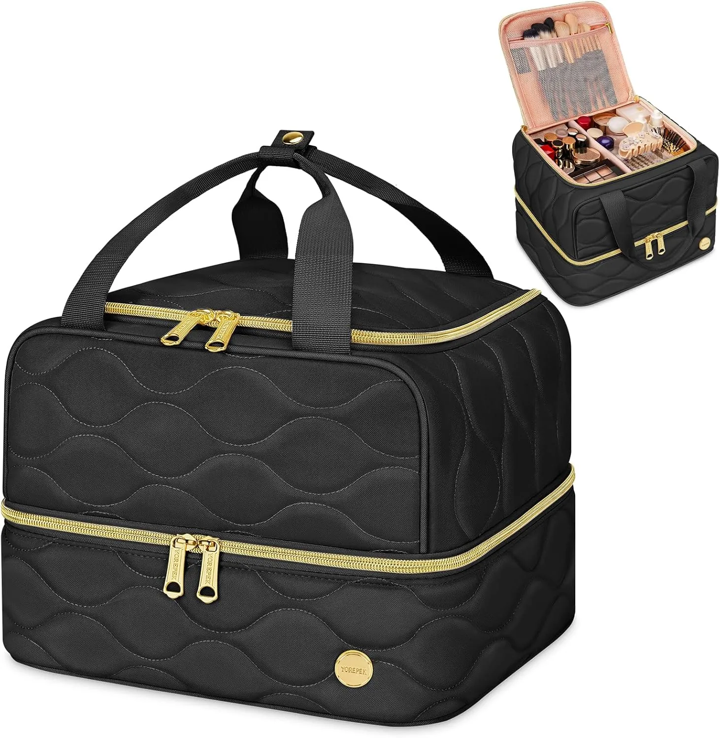 YOREPEK Travel Makeup Organizer Bag, 2-Layer Cosmetic Bags for Women, Portable Makeup Box Cases for Daily Use, Skincare, Brushes, Powders, Palettes, Makeup Tools– cosmetiquera para maquillaje，Black