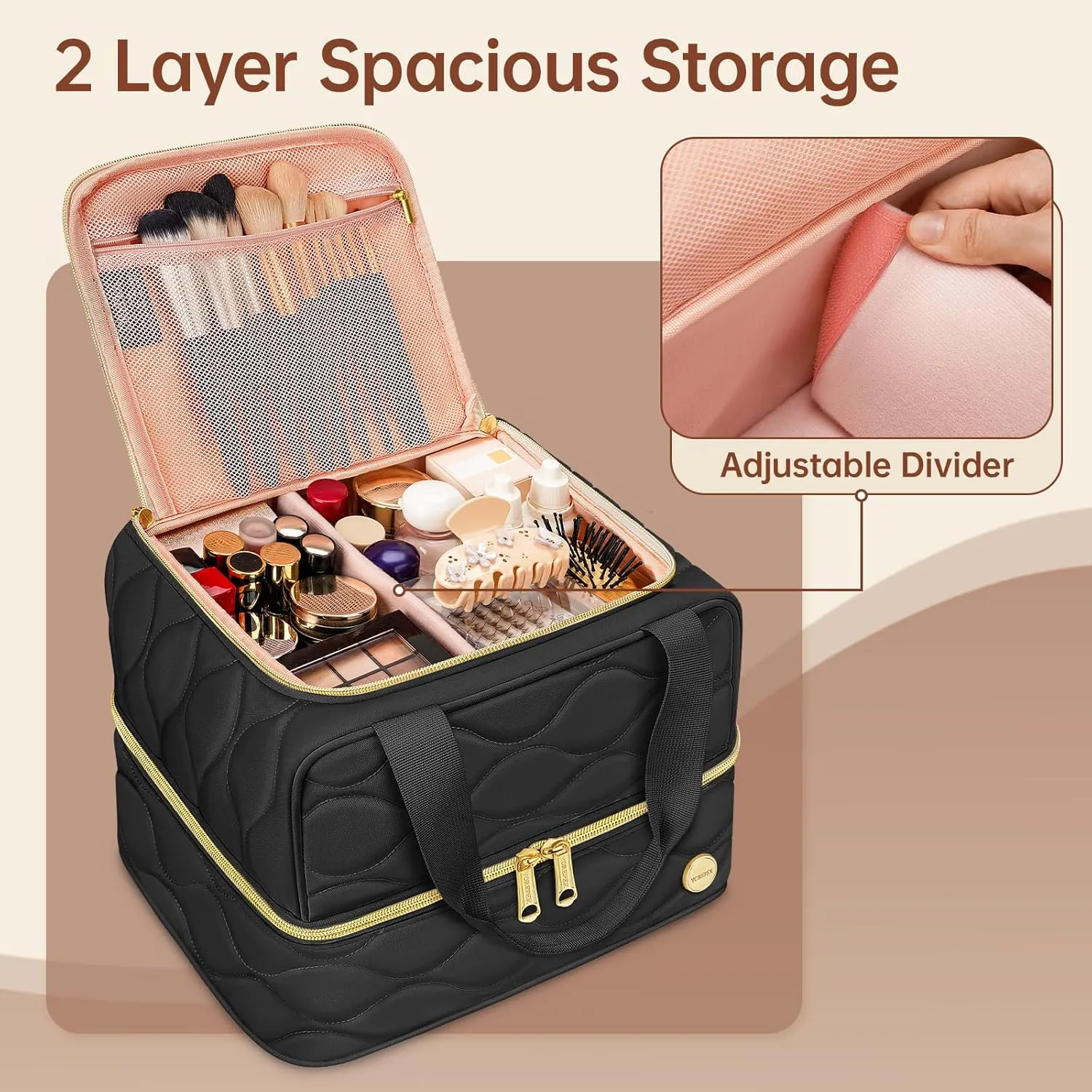 YOREPEK Travel Makeup Organizer Bag, 2-Layer Cosmetic Bags for Women, Portable Makeup Box Cases for Daily Use, Skincare, Brushes, Powders, Palettes, Makeup Tools– cosmetiquera para maquillaje，Black