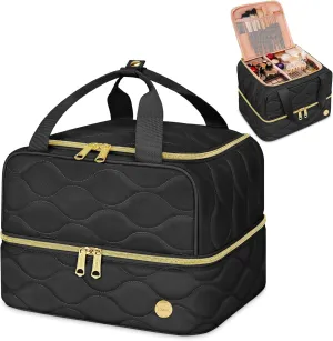 YOREPEK Travel Makeup Organizer Bag, 2-Layer Cosmetic Bags for Women, Portable Makeup Box Cases for Daily Use, Skincare, Brushes, Powders, Palettes, Makeup Tools– cosmetiquera para maquillaje，Black