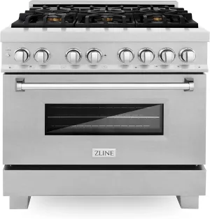 ZLINE 36 in. 4.6 cu. ft. Legacy Dual Fuel Range with Gas Cooktop and Electric Convection Oven in Satin Stainless Steel with 6 Brass Burners (RAS-SN-BR-36)