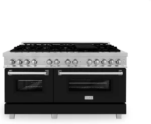 ZLINE 60 in. 7.4 cu. ft. Legacy Dual Fuel Range with 9 Burner Gas Cooktop and 2 Electric Convection Ovens in Satin Stainless Steel and Black Matte Doors (RAS-BLM-60)