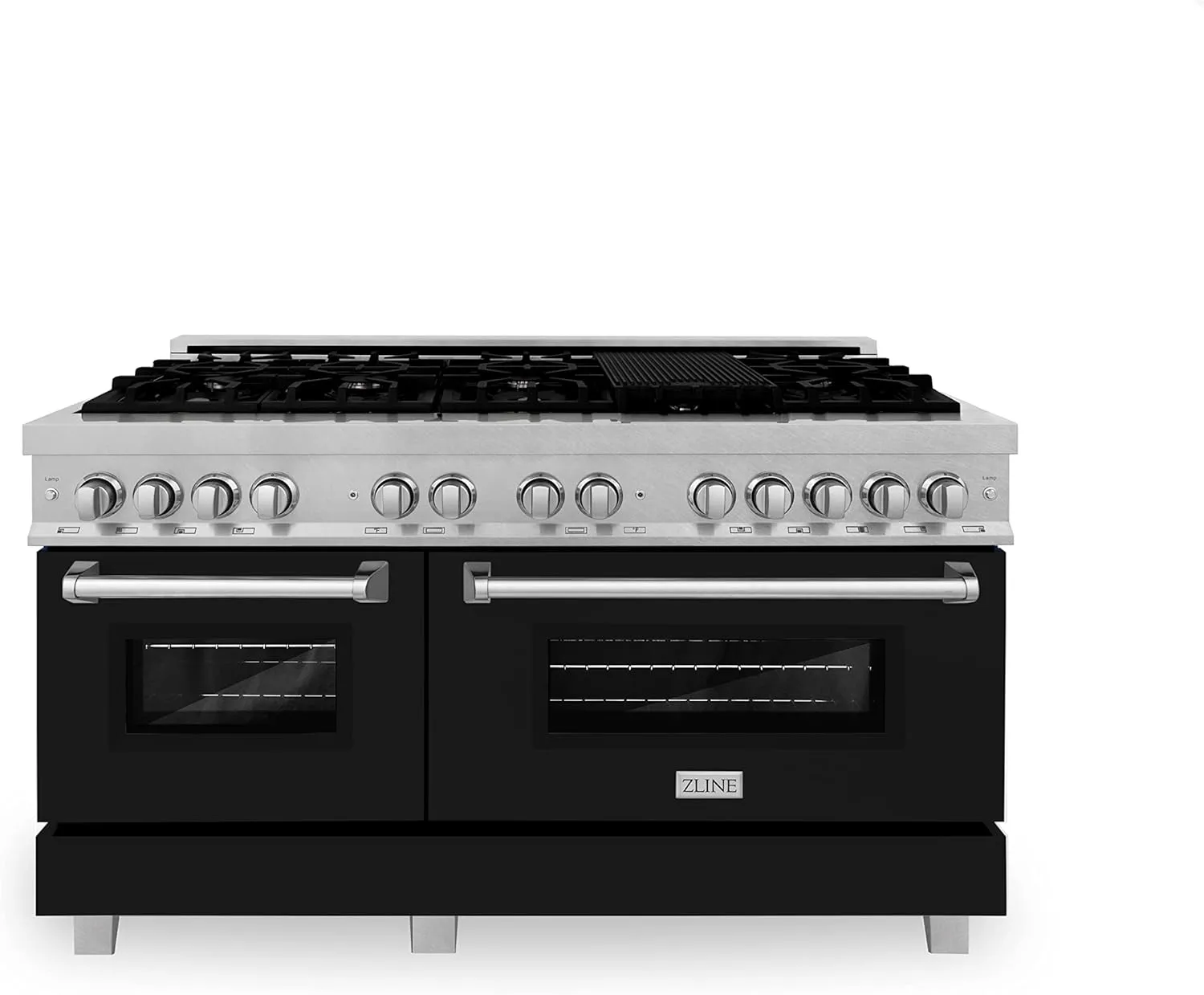 ZLINE 60 in. 7.4 cu. ft. Legacy Dual Fuel Range with 9 Burner Gas Cooktop and 2 Electric Convection Ovens in Satin Stainless Steel and Black Matte Doors (RAS-BLM-60)