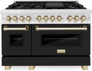 ZLINE Autograph 48 in. Legacy Dual Fuel Range in Satin Steel w/Black & Gold Accents (RASZ-BLM-48-G)