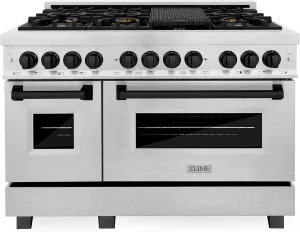 ZLINE Autograph Edition 48 in. 6.0 cu. ft. Legacy Dual Fuel Range with 7 Burner Gas Cooktop and 2 Electric Ovens in Satin Stainless Steel and Matte Black Accents (RASZ-SN-48-MB)