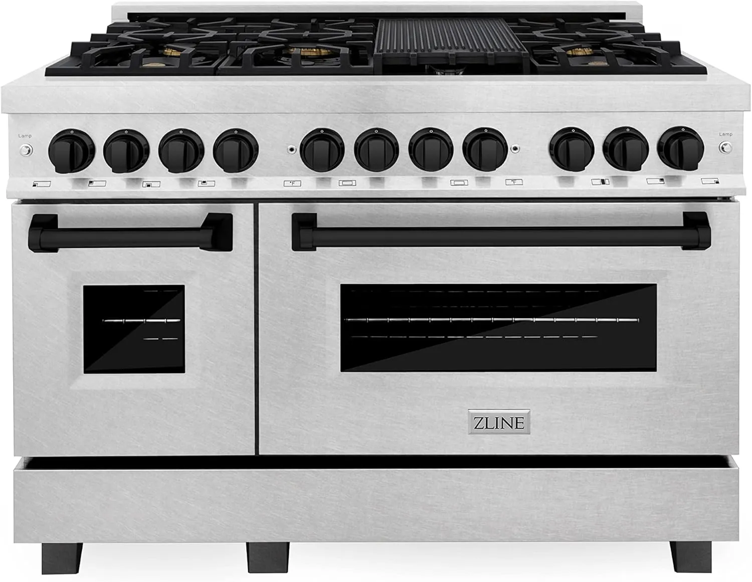 ZLINE Autograph Edition 48 in. 6.0 cu. ft. Legacy Dual Fuel Range with 7 Burner Gas Cooktop and 2 Electric Ovens in Satin Stainless Steel and Matte Black Accents (RASZ-SN-48-MB)