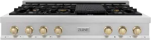 ZLINE Autograph Edition 48 in. Legacy Gas Rangetop with 7 Burners and Porcelain Cooktop in Satin Stainless Steel with Polished Gold Accents (RTSZ-48-G)